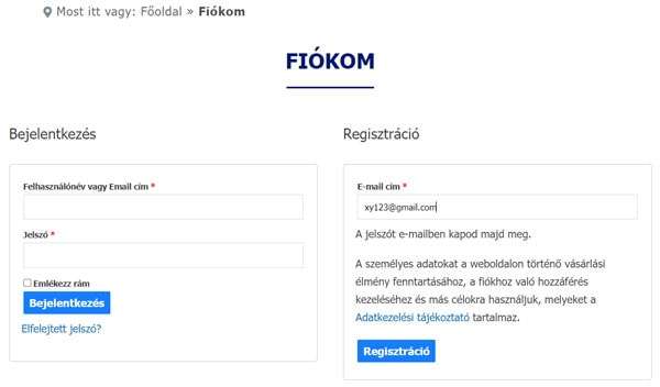 Fiók regisztráció kezdet